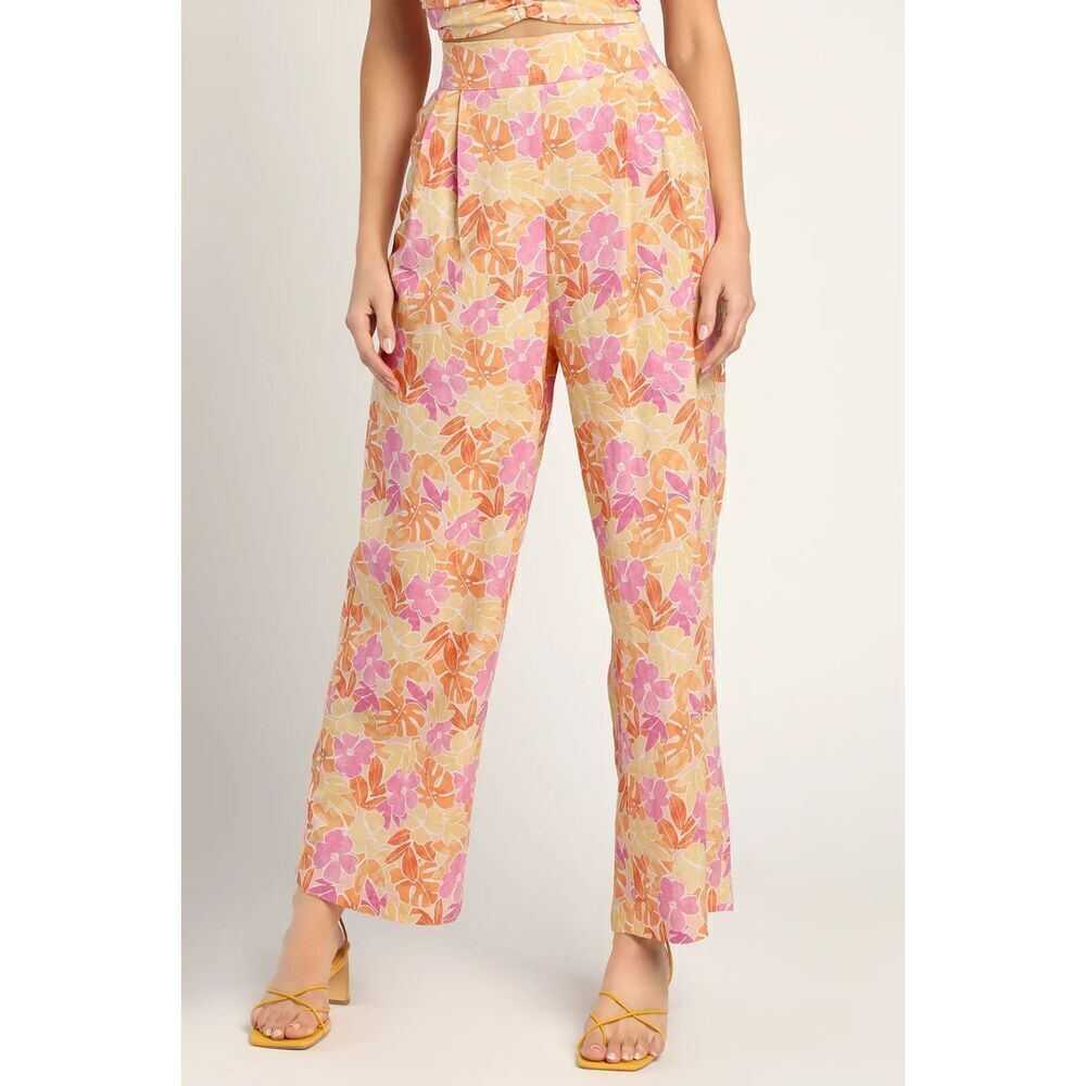 LULUS Island Imaginings Pink Floral Print Wide Leg Linen Blend Pants Size Large